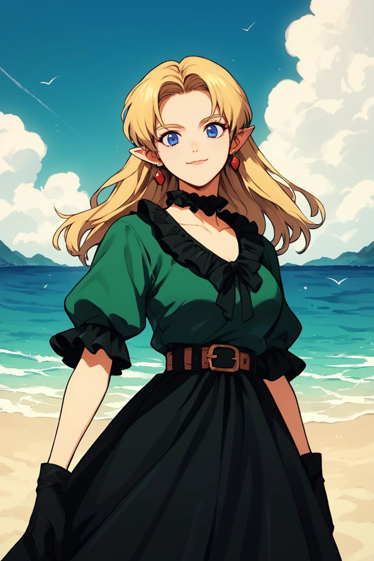 score_9, score_8_up, score_7_up, score_6_up, score_5_up, source anime, BREAK, ((cowboy shot)), smile, closed mouth, daytime, clouds, sky, vacation, resort, bar, bright colors, looking at viewer, 1girl, earring, lace, jewelry, gloves, lace choker, gem, large breasts, (giant girl), <lora:LFashionPDXL:0.95> , (zzLFashion), frilled dress, (long dress), frills, bow, layered clothing, ribbon, black dress, ((green frilled dress)), panythose, floral background, <lora:hand 4:0.5> , Hand, hands, perfect hands, perfect, detailed, fighting pose, <lora:Young_linkPony:0.9> , YoungLink, 1boy, blonde hair, green tunic, pointy ears, hat, solo, blue eyes, green_headwear, belt, <lora:90s4n1m3XLP:0.7> , 90s4n1m3,