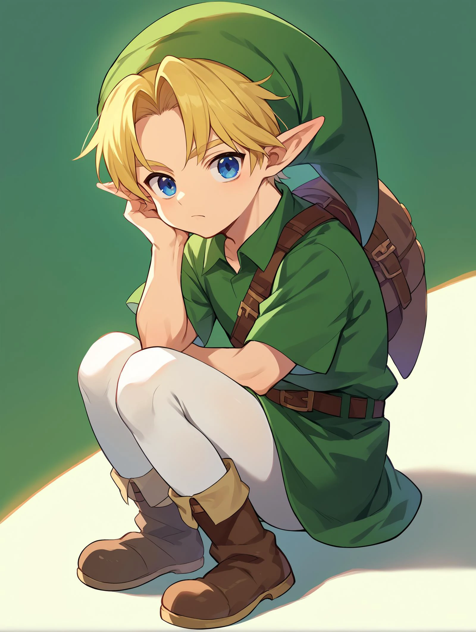score_9, score_8_up,score_7_up, source_anime,
1boy, solo, YoungLink,<lora:Young_linkPony:1> blonde hair, green tunic, pointy ears, hat, solo, blue eyes, green_headwear belt, white leggings, brown boots