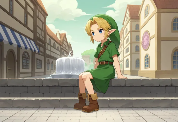 score_9, score_8_up, score_7_up, source_anime, anime screencap
<lora:Young_linkPony-03:1> younglinkxl, younglink
1boy, blonde hair, pointy ears, hat, solo, blue eyes, hat, belt, green headwear
hyrule city, cobblestone street, sitting on a bench, fountain, market bazaar, highly detailed landscape, intricate background, masterpiece background, landscape, view from side, long shot, wide shot, full body
