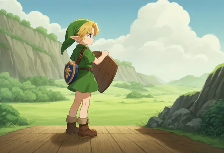 score_9, score_8_up, score_7_up, source_anime, anime screencap
<lora:Young_linkPony-03:1> younglinkxl, younglink
1boy, blonde hair, pointy ears, hat, solo, blue eyes, hat, belt, green headwear
(holding wooden shield), deku shield, small wooden shield,
hyrule fields, highly detailed landscape, intricate background, masterpiece background, landscape, view from side, long shot, wide shot, full body