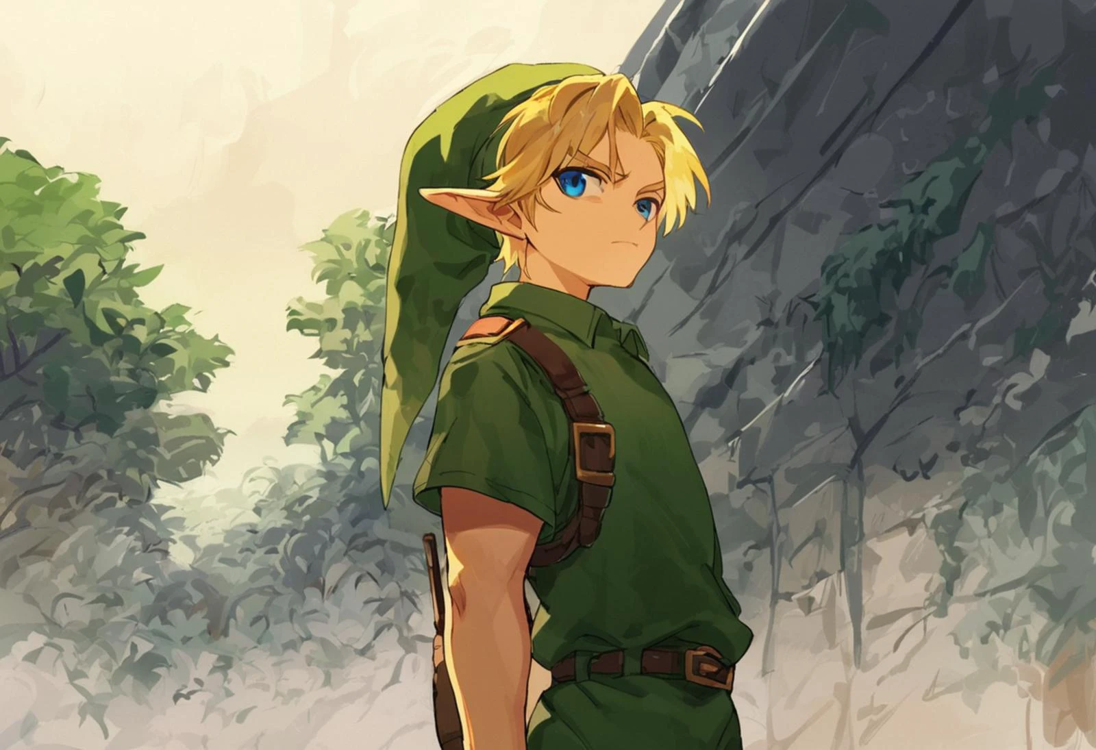 score_9, score_8_up, score_7_up, score_6_up, score_5_up, score_4_up, source_anime, anime screencap
<lora:Young_linkPony-03:unglinkxl, younglink
1boy, blonde hair, pointy ears, hat, solo, blue eyes, hat, belt, green headwear, scabbard
hyrule fields, highly detailed landscape, wide shot, view from side
holding deku shield