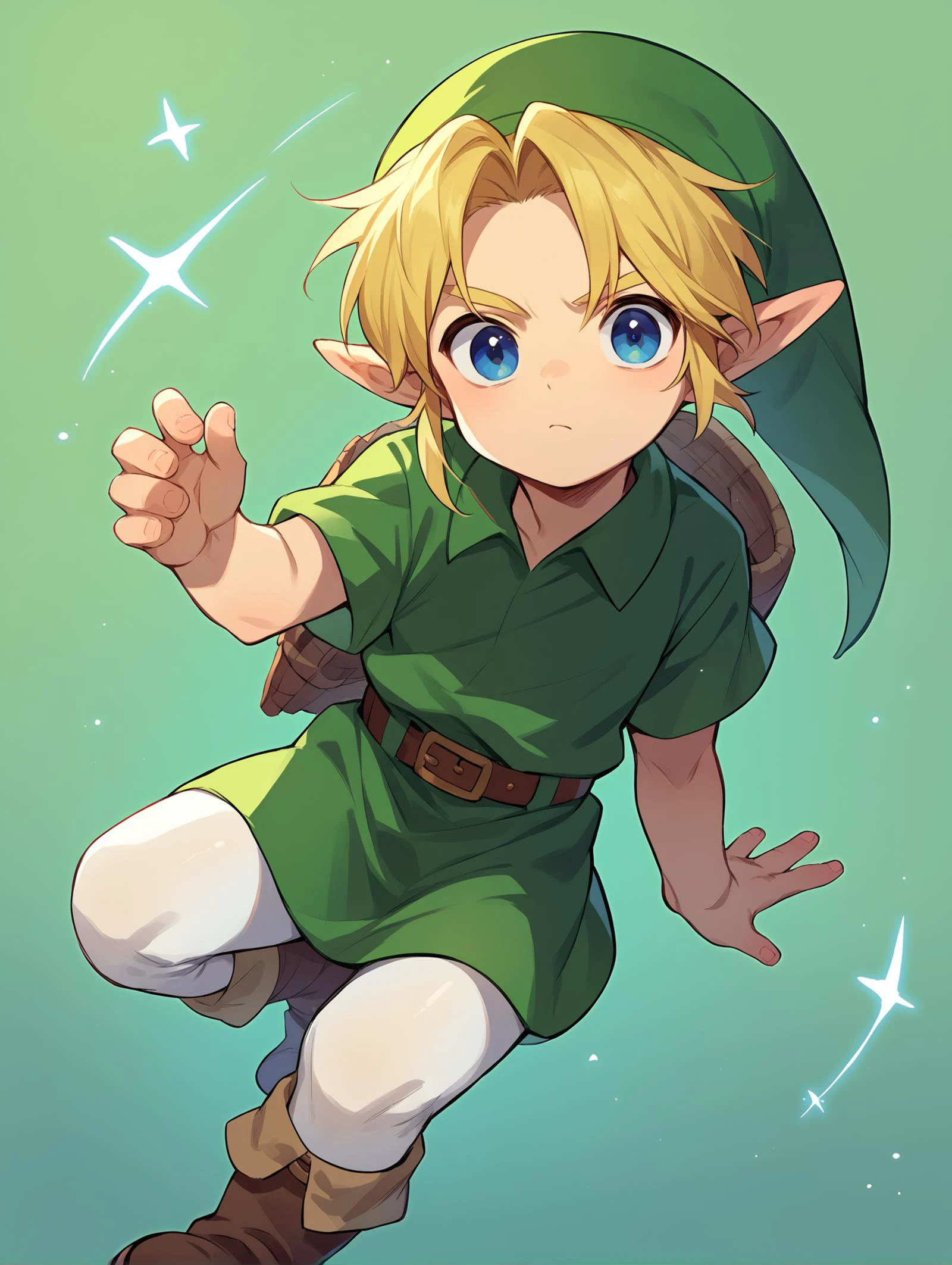 score_9, score_8_up,score_7_up, source_anime,
1boy, solo, YoungLink,<lora:Young_linkPony:1> blonde hair, green tunic, pointy ears, hat, solo, blue eyes, green_headwear belt, white leggings, brown boots