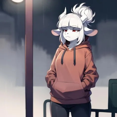 (best quality, masterpiece:1), solo, (shaded face:1.2), furry female anthro (lucifer:1.1), standing, red eyes, goat horns, hands in pocket, bored, looking away, closed mouth, (red hoodie:1.2), (half-closed eyes:1.2), (dark raining bus stop background, night:1.1), black pants, <lora:lucifer-v1:1>