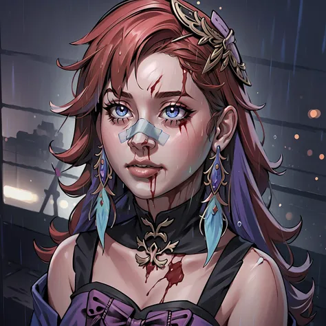 (masterpiece, best quality), intricate details,
1girl, <lora:takanashiKiaraHololive_v10:0.8> kiarafancy,
<lora:yllicft-10:1> yllicft, solo, rain, injury, blood on face, bandaid on face, bandaid on nose, looking up,