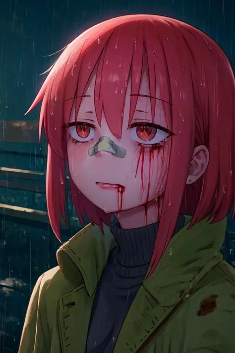 <lora:yllicft:0.85>, yllicft, solo, rain, injury, blood on face, bandaid on face, bandaid on nose, looking up, 1girl, masterpiece, best quality, kobayashi_san, red hair, short hair, glasses, red eyes, <lora:Kobayashi San V1:0.72>