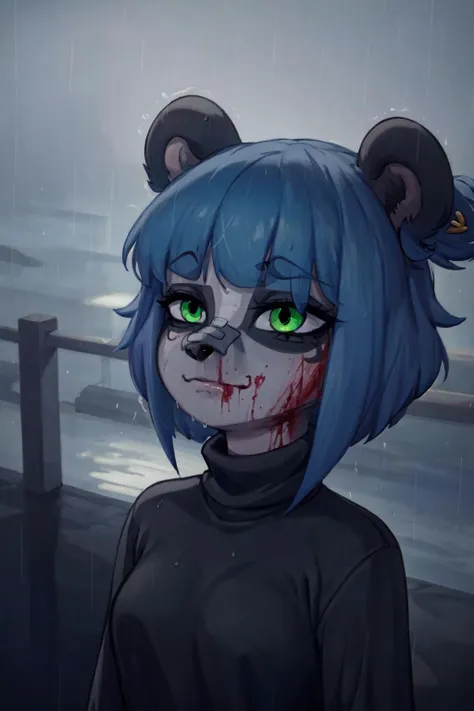 furry, (black and white fur), 1girl, masterpiece, green eyes, best quality, animal nose, gold hearts, eye makeup, Nuwa Nightstone, blue hair, (panda girl), panda ears, panda tail, <lora:NuwaProto2:1>, black sweater, turtleneck sweater, <lora:yllicft:0.85>, yllicft, solo, rain, injury, blood on face, bandaid on face, bandaid on nose, looking up