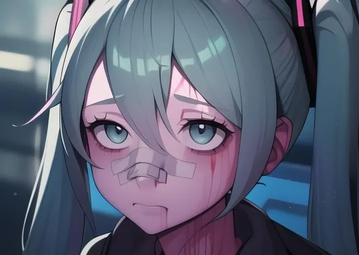 you look lonely scene, (best quality:1.1), (masterpiece:1.2), (absurdres:1.0), portrait, upperbody, 1girl, night, bladerunner 2049 (blush:1.2), upset, sad, beaten up face, bandages, broken nose, nose bandage <lora:blade runner 2049 you look lonely scene:0.6> ,    <lora:hinataHyuugaLora_hinata:0.6> hinata hyuuga