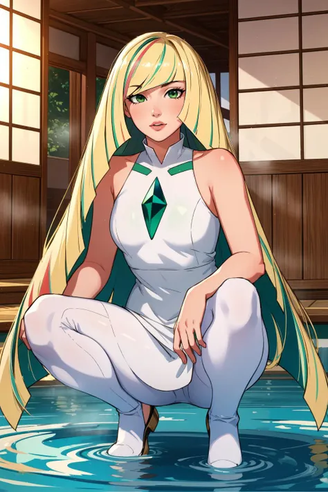(masterpiece, best quality), intricate details,
1girl, <lora:pokemonlusamine-lora-nochekaiser:0.8> pokemonlusamine, blonde hair, (green eyes:1.5), hair over one eye, long hair, multicolored hair, streaked hair, very long hair,, bare arms, diamond (shape), dress, gem, green gemstone, leggings, short dress, sleeveless, sleeveless dress, white dress, white leggings,
indoors, onsen, steam, water, squatting, legs spread,