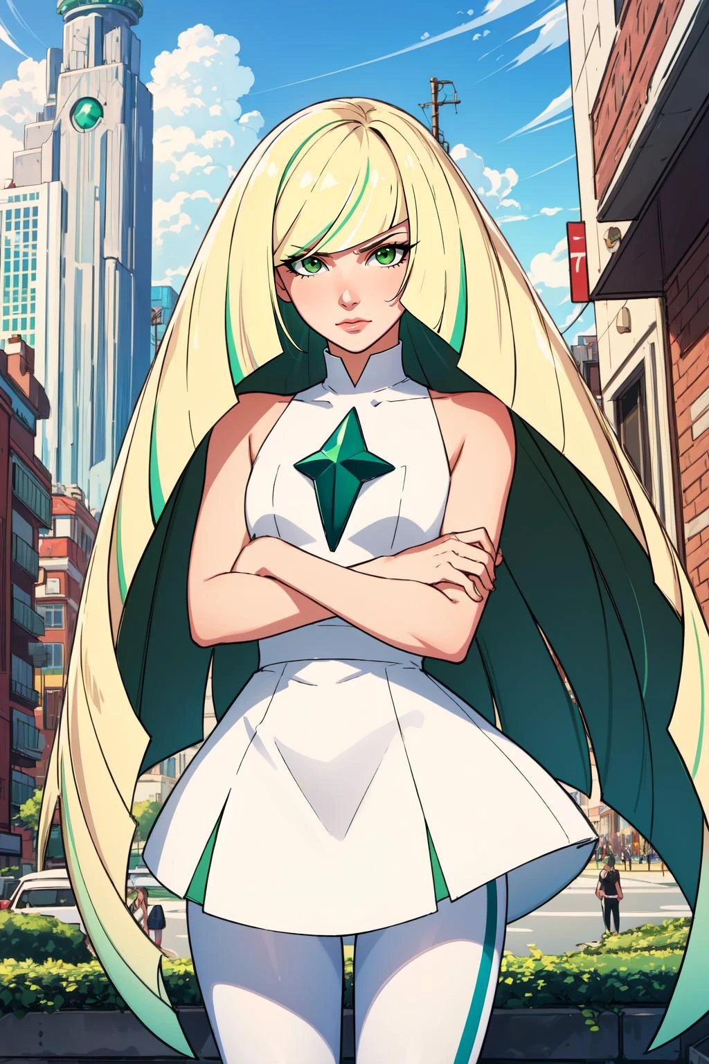 (masterpiece, best quality), intricate details,
1girl, <lora:pokemonlusamine-lora-nochekaiser:0.8> pokemonlusamine, blonde hair, (green eyes:1.5), hair over one eye, long hair, multicolored hair, streaked hair, very long hair,, bare arms, diamond (shape), dress, gem, green gemstone, leggings, short dress, sleeveless, sleeveless dress, white dress, white leggings,
outdoors, science fiction, futuristic city, crossed arms, glaring, angry,
