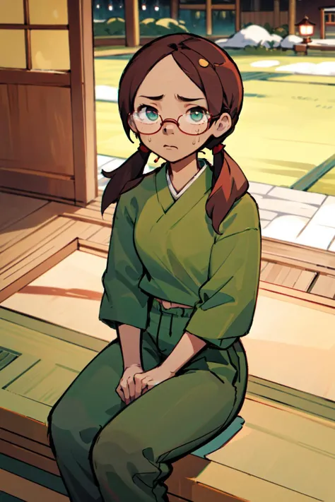 (masterpiece,best quality),1girl,sonjaaw,sitting,facing viewer,(wearing sweatpants and green blouse),twintails,glasses,in traditional Japanese house,winter outside, <lora:SonjaAW:0.8>