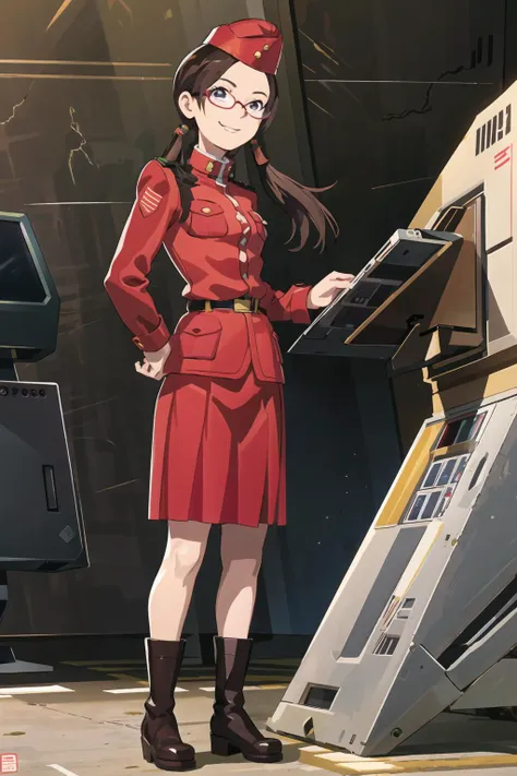 1girl,sonjaaw,standing,full body,twintails,military uniform,glasses,long high boots,skirt,red clothing,garrison cap,smiling,in underground bunker,metal,computers,maps,concrete,plain looking, <lora:SonjaAW:0.8>