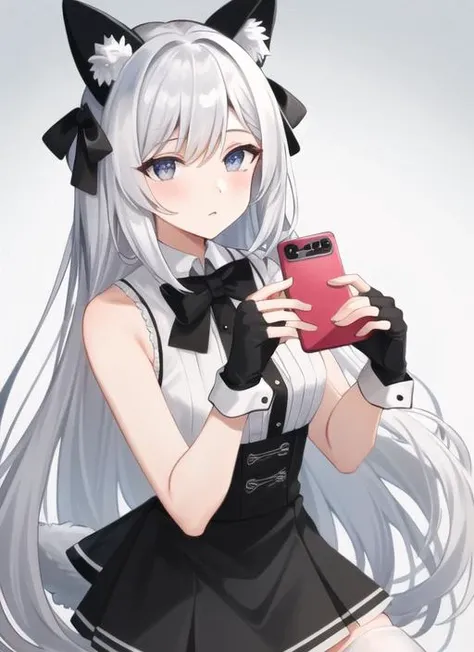 ((best quality)), ((highly detailed)), masterpiece, (detailed eyes, deep eyes), (1girl), cowboy shot, <lora:Iphone-ChanV1:.9>, phnChan, long hair, white hair, (grey eyes), half-closed eyes, animal ears, tail, black bow, sleeveless shirt, black skirt, fingerless gloves, white thighhighs, holding cellphone