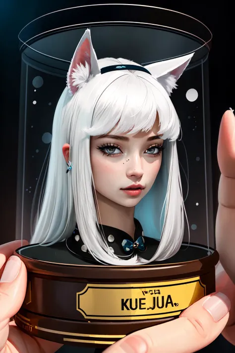 Highly detailed, High Quality, Masterpiece, beautiful, phnChan, white hair, animal ears, grey eyes, bow, Head in Jar, jar, head only, <lora:Pos_HeadinJar:0.9>