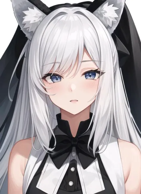 ((best quality)), ((highly detailed)), masterpiece, extremely detailed face, beautiful face, (detailed eyes, deep eyes), (1girl), upper body, <lora:Iphone-ChanV1:.8>, phnChan, long hair, white hair, (grey eyes), half-closed eyes, animal ears, tail, black bow, sleeveless shirt, leotard, fingerless gloves, white thighhighs
