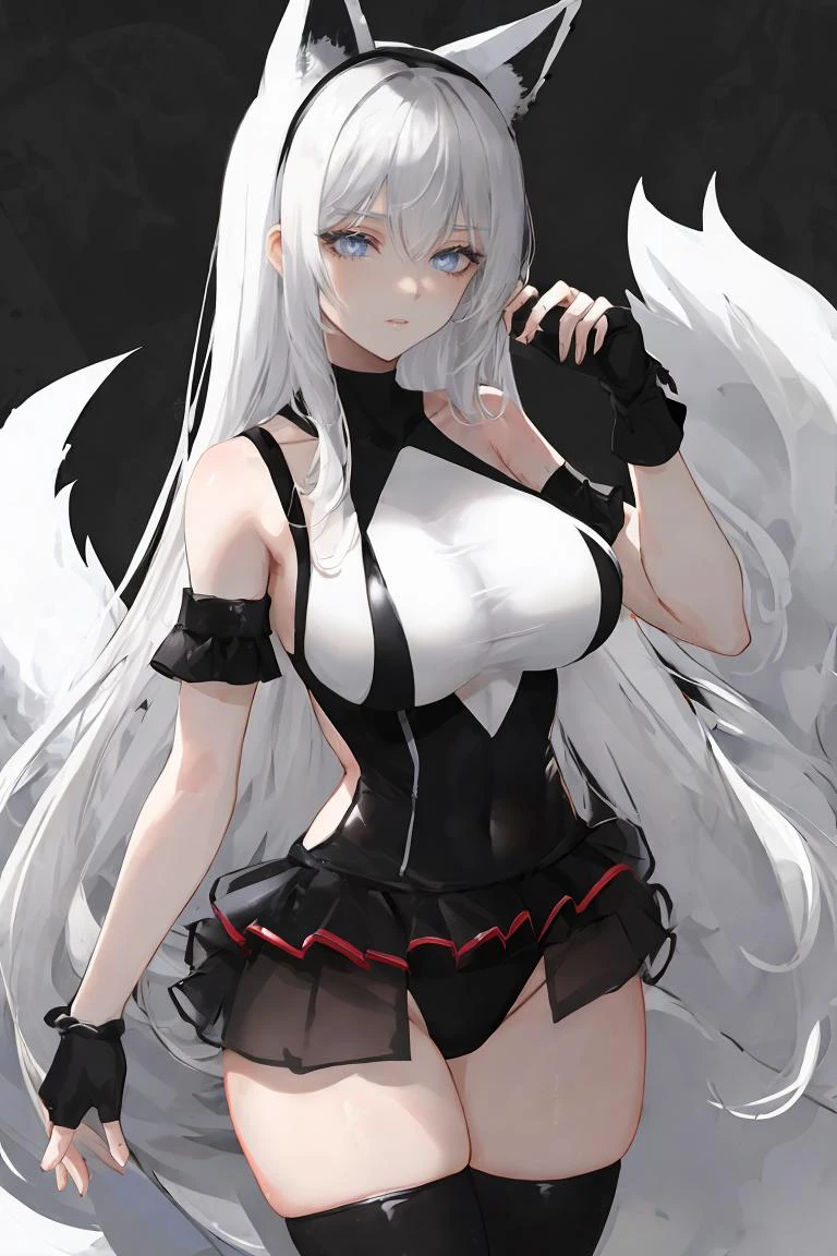 <lora:Iphone-ChanV2-000030:0.8>, phnChan, swimsuit, shaded_face, thighs, smirk, narrowed_eyes, 1girl, long_hair, thighhighs, tail, animal_ears, fingerless_gloves, white_hair, grey_eyes