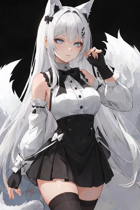 <lora:Iphone-ChanV1-000040:0.9>, phnChan, thighs, smirk, narrowed_eyes, 1girl, long_hair, thighhighs, tail, animal_ears, fingerless_gloves,  white_hair, grey_eyes, bow