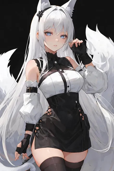 <lora:Iphone-ChanV1-000040:0.9>, phnChan, thighs, smirk, narrowed_eyes, 1girl, long_hair, thighhighs, tail, animal_ears, fingerless_gloves, white_hair, grey_eyes