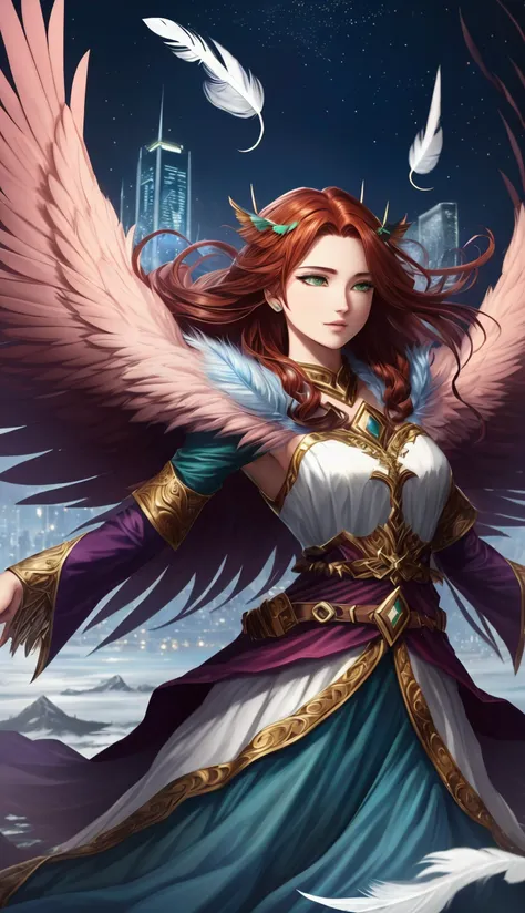 ((Dreams Druid) wearing layered clothing Feathers and Feathers) in (Mind's Gate - a vast, sprawling metropolis ruled by powerful, psychic beings.) ((auburn hair)) (small breasts) green eyes deep shadow, sinister, action shot. dynamic pose,