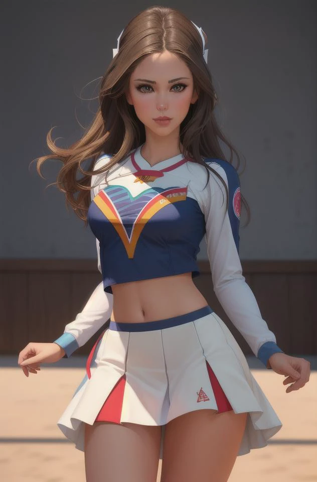 ((sfw)), ((best quality)), ((masterpiece)), ((realistic)), (detailed), (cowboy shot), a fun (cheerleader) LittleCaprice, wearing an (detailed cheerleader uniform:1.4), midriff, (detailed skirt:1.4), well lit, dramatic lighting, deep shadows and brilliant highlights, (intense eye contact), gorgeous eyes, seductive devious smirk, beautiful face, (highly detailed face, realistic skin texture), erotic mood, pastel theme, (artistic erotica), high quality, (by arny freytag), (by artgerm:1.2), <lora:LittleCaprice_v1.0:.9>