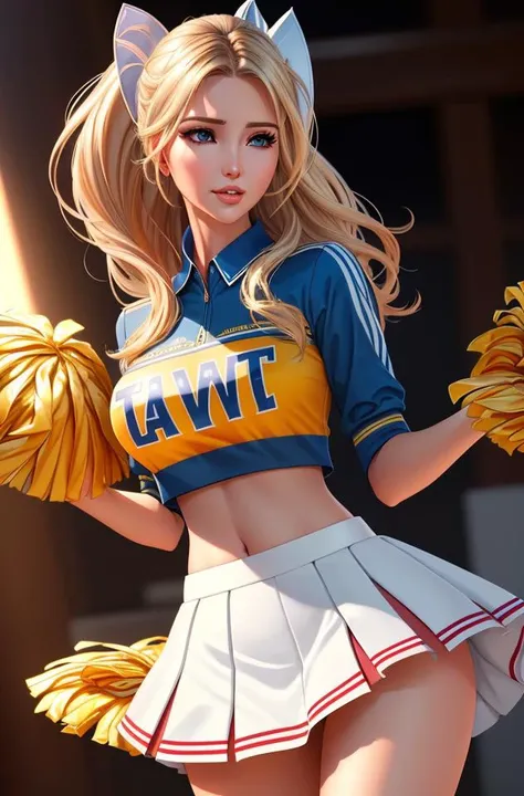 ((sfw)), ((best quality)), ((masterpiece)), ((realistic)), (detailed), (cowboy shot), a fun (cheerleader) ivanka trump, wearing an (detailed cheerleader uniform:1.4), midriff, (detailed skirt:1.4), well lit, dramatic lighting, deep shadows and brilliant highlights, (intense eye contact), gorgeous eyes, seductive devious smirk, beautiful face, (highly detailed face, realistic skin texture), erotic mood, pastel theme, (artistic erotica), high quality, (by arny freytag), (by artgerm:1.2),