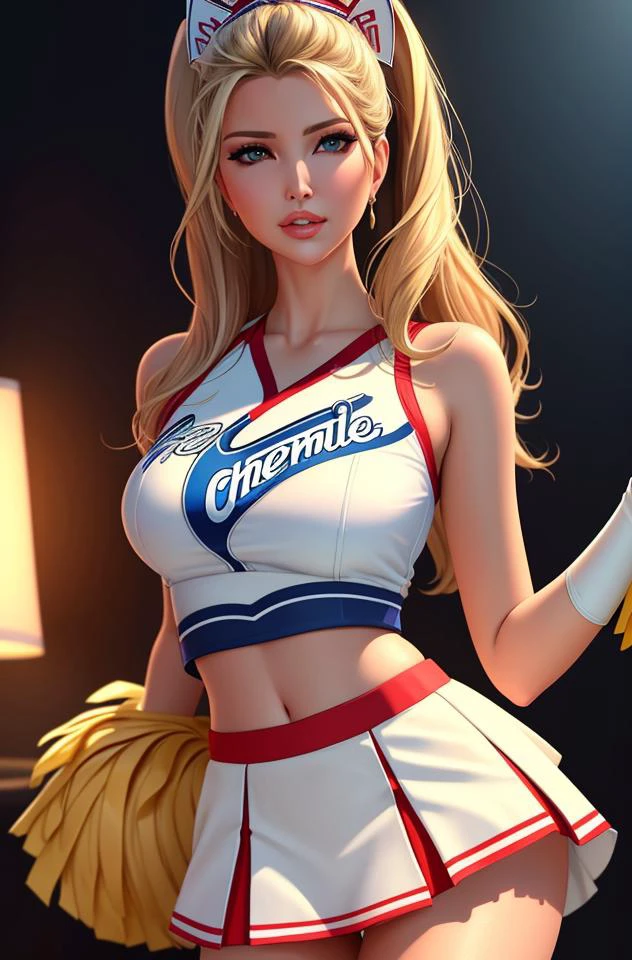 ((sfw)), ((best quality)), ((masterpiece)), ((realistic)), (detailed), (cowboy shot), a fun (cheerleader) ivanka trump, wearing an (detailed cheerleader uniform:1.4), midriff, (detailed skirt:1.4), well lit, dramatic lighting, deep shadows and brilliant highlights, (intense eye contact), gorgeous eyes, seductive devious smirk, beautiful face, (highly detailed face, realistic skin texture), erotic mood, pastel theme, (artistic erotica), high quality, (by arny freytag), (by artgerm:1.2),