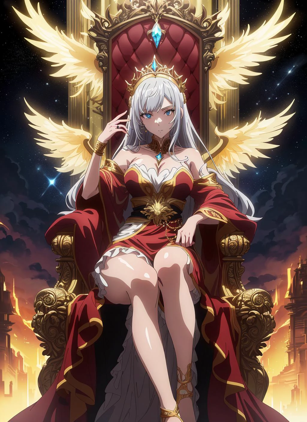 (masterpiece, top quality, best quality, official art, beautiful and aesthetic:1.2), (high resolution, absurd resolution, 8k resolution, 4k resolution:1.3), (intricate, complex, retouched image, hdr:1.8), (sharp focus:1.5), (digital painting:0.8), (anime:1.8), color graded, soft lighting, intense shadows, detailed background, (detailed face:1.3), golden eyes, (6 spread bioluminescent angel wings:1.3), fluffy waist-length silver hair, regal robes, nobility, royalty, jewelry, (heaven:1.4), shining halo, mystical, magical, goddess, oracle, prophet, golden light source in center top of image, clouds, stars_on_floor, facing viewer, (throne room of god:1.2), large golden throne