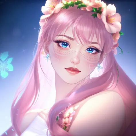 full body, anime, Belle, flowers, pink_hair, red_flower, long_hair, elbow_gloves, facial_marks, blush, bangs, jewelry, makeup, long white_dress, flowers, freckles, hairband, hair_ornament, blue_eyes, earrings, bokeh  <lora:BelleV2:1>, highres, 4k, 8k, intricate detail, cinematic lighting, amazing quality, amazing shading, soft lighting, Detailed Illustration, anime style, wallpaper
