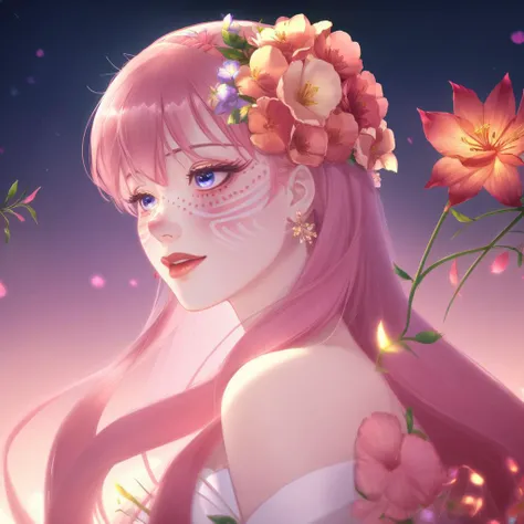 anime, Belle, flowers, pink_hair, red_flower, long_hair, facial_marks, blush, bangs, makeup, long white_dress, hibiscus, flowers, freckles, hairband, hair_ornament, blue_eyes, earrings, long legs  <lora:BelleV2:1>, highres, 4k, 8k, intricate detail, cinematic lighting, amazing quality, amazing shading, soft lighting, Detailed Illustration, anime style, wallpaper