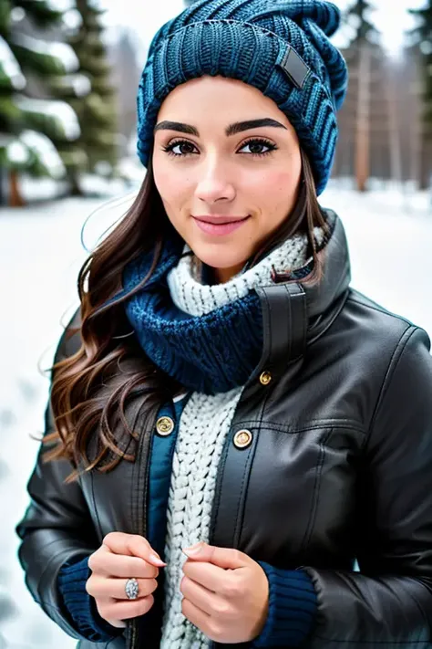 best quality, 4k, 8k, ultra highres, raw photo in hdr, sharp focus, intricate texture, skin imperfections, photograph of woman with a dark blue wool beanie and winter scarf in the snow wearing a light brown winter jacket, brunette hair, intricate details, snowing,
<lora:libspgc-000005:0.6>