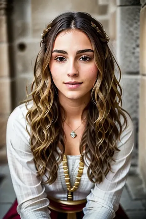 highly detailed RAW Instagram (elegant sitting full body pose:1.4) photo of  (French medieval period nobility:1.4) woman, (highly detailed very long beautiful wavy hair:1.3), inside monastery's corridor background, (look at viewer:1.4), (skin pores, skin imperfections:1.2), (beautiful moles, freckles:0.8), highly detailed body, highly detailed face, (realistic sun lighting:0.4), shadows, 8k high definition, insanely detailed, intricate, masterpiece, highest quality, (angular face, slightly masculine feature face:1.2),
 <lora:libspgc-000005:0.6>