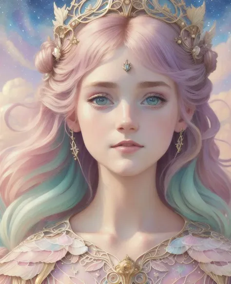 Princess girl with wing, Blue, Pastel, glitter, dramatic, dreamy, pastel, Watercolor, Whimsical, Delicate, seashell crown, Trending on Artstation, Highly detailed, Intricate, Portrait, digital painting, Fantasy theme, Fantasy robes, Fantasy concept art, Fantasy character art, Smug, Teenage girl, perfect body, full body, dreamy, pastel, Watercolor, Whimsical, Delicate, seashell crown, art by loish and lois van baarle, Trending on Artstation, Highly detailed, Intricate, Portrait, digital painting, (Cinematic Photo:1.3) of (Realistic:1.3),(Amusing:1.3) chibi, constellation, (1girl, solo:1.2), (chibi:1.3), eyeliner, eyelashes, looking at viewer, (shiny skin:0.16), (pale skin:0.33), (body blush:0.38), eyes beautiful, anime, realistic, masterpiece, best quality, movie still, cloud girl, floating in the sky, (close-up:1.1), bright, happy, fun, soft lighting,Highly Detailed,(Art Nouveau:1.3)