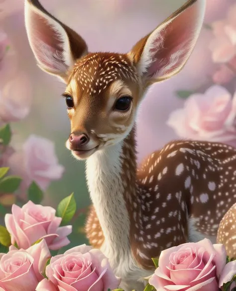 ultra-detailed CG art, adorable fawn surrounded by ethereal roses, pastels, glimmer bokeh, ethereal, best quality, highest resolution, intricate details, fantasy, cute animals