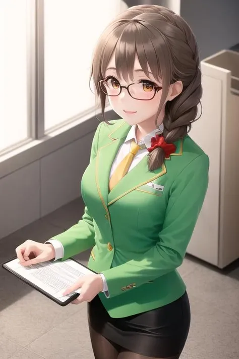 8k, imaschihiro, (ultra-detailed eyes:1.1), from front, top view, ultra-detailed, extremely detailed CG, (masterpiece:1.1), (best quality:1.4), extremely detailed CG, (post processing:1.4), (extremety fine and beautiful:1.3), (soft illumination:1.0), (soft color:1.0), (soft volumetric lighting:1.1), (soft shadows), imaschihiro, glasses ,1girl, doyagao, black_legwear, braid, brown_eyes, brown_hair, clipboard, collared_shirt, formal, green_jacket, hair_ornament, hair_over_shoulder, hair_scrunchie, holding, id_card, jacket, long_hair, looking_at_viewer, necktie, office_lady, open_mouth, pantyhose, pencil_skirt, red_scrunchie, scrunchie, medium_breasts, senkawa_chihiro, shirt, single_braid, skirt, smile, solo, suit, watch, waving, white_shirt, wristwatch, yellow_necktie<lora:Senkawa_Chihiro-03:0.9>