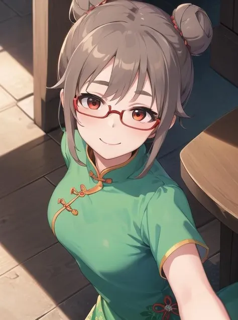 8k, imaschihiro, (ultra-detailed eyes:1.1), from front, top view, ultra-detailed, extremely detailed CG, (masterpiece:1.1), (best quality:1.4), extremely detailed CG, (post processing:1.4), (extremety fine and beautiful:1.3), (soft illumination:1.0), (soft color:1.0), (soft volumetric lighting:1.1), (soft shadows), imaschihiro, glasses ,1girl, red_eyes, brown_hair, medium_breasts, senkawa_chihiro, smile, solo focus, chinese dress, hair_buns, short_sleeves , china town, (shy:1.1)<lora:Senkawa_Chihiro-03:0.8>