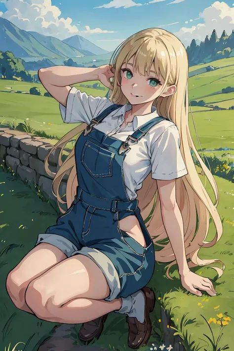 (masterpiece, best quality), female young adult, buoyant, maori, green eyes, curled ears,  double chin,  round cheeks,   shapely hamstrings,   , sandy blonde long and straight hair, disgust wearing bermuda overalls, babydoll, oxford shoes, , arm overhead pose, raising one arm overhead with a flirtatious smile, exuding elegance and allure, silhouettes, characters outlined against a bright background, evoking intimacy without explicit details, a picturesque countryside, with rolling hills, green meadows, and grazing animals