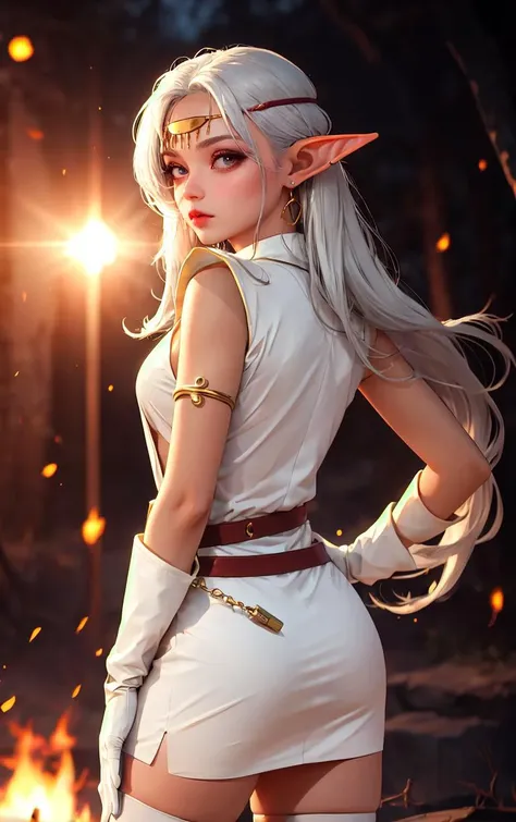 ((masterpiece, best quality)), insaneres, absurdres, solo, outdoors,
ANI_CLASSIC_pirotess_ownwaifu, www.ownwaifu.com,  
long hair, pointy ears, elf, dark skin, dark-skinned female, dark elf, breasts, white hair, circlet, large breasts, very long hair, yellow eyes, lips, armlet, long pointy ears, lipstick, makeup, bangs, nose, earrings, toned, silver hair, hair over one eye, forehead jewel, necklace, 
cleavage, white gloves, thighhighs, white legwear, armor, elbow gloves, no bra, breasts apart, belt, center opening, open clothes, short dress, white thighhighs,  white dress, thighs, 
narrow waist, sheathed, 
(contrapposto, looking back)<lora:ANI_CLASSIC_pirotess_ownwaifu-15:0.75>,
lens flare, depth of field, bokeh, embers, vanishing point, looking at viewer,