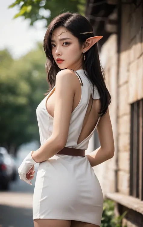 ((masterpiece, best quality)), insaneres, absurdres, solo, outdoors,
ANI_CLASSIC_pirotess_ownwaifu, www.ownwaifu.com,  
long hair, pointy ears, elf, dark skin, dark-skinned female, dark elf, breasts, white hair, circlet, large breasts, very long hair, yellow eyes, lips, armlet, long pointy ears, lipstick, makeup, bangs, nose, earrings, toned, silver hair, hair over one eye, forehead jewel, necklace, 
cleavage, white gloves, thighhighs, white legwear, armor, elbow gloves, no bra, breasts apart, belt, center opening, open clothes, short dress, white thighhighs,  white dress, thighs, 
narrow waist, sheathed, 
(contrapposto, looking back)<lora:ANI_CLASSIC_pirotess_ownwaifu-15:0.75>,
lens flare, depth of field, bokeh, embers, vanishing point, looking at viewer,