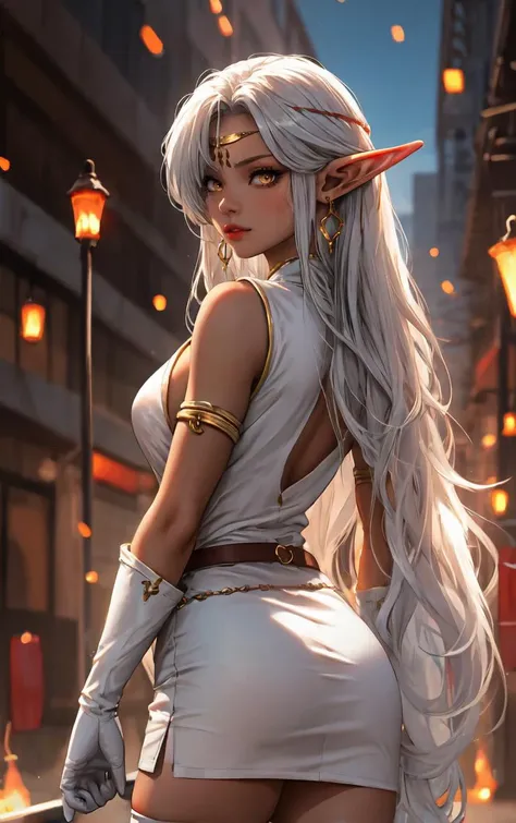 ((masterpiece, best quality)), insaneres, absurdres, solo, outdoors,
ANI_CLASSIC_pirotess_ownwaifu, www.ownwaifu.com,
long hair, pointy ears, elf, dark skin, dark-skinned female, dark elf, breasts, white hair, circlet, large breasts, very long hair, yellow eyes, lips, armlet, long pointy ears, lipstick, makeup, bangs, nose, earrings, toned, silver hair, hair over one eye, forehead jewel, necklace,
cleavage, white gloves, thighhighs, white legwear, armor, elbow gloves, no bra, breasts apart, belt, center opening, open clothes, short dress, white thighhighs, white dress, thighs,
narrow waist, sheathed,
(contrapposto, looking back)<lora:ANI_CLASSIC_pirotess_ownwaifu:0.75>,
lens flare, depth of field, bokeh, embers, vanishing point, looking at viewer,