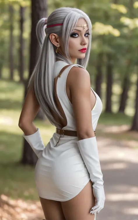 ((masterpiece, best quality)), insaneres, absurdres, solo, outdoors,
ANI_CLASSIC_pirotess_ownwaifu, www.ownwaifu.com,
long hair, pointy ears, elf, dark skin, dark-skinned female, dark elf, breasts, white hair, circlet, large breasts, very long hair, yellow eyes, lips, armlet, long pointy ears, lipstick, makeup, bangs, nose, earrings, toned, silver hair, hair over one eye, forehead jewel, necklace,
cleavage, white gloves, thighhighs, white legwear, armor, elbow gloves, no bra, breasts apart, belt, center opening, open clothes, short dress, white thighhighs, white dress, thighs,
narrow waist, sheathed,
(contrapposto, looking back)<lora:ANI_CLASSIC_pirotess_ownwaifu-15:0.75>,
lens flare, depth of field, bokeh, embers, vanishing point, looking at viewer,