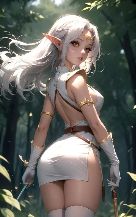 ((masterpiece, best quality)), insaneres, absurdres, solo, outdoors,
ANI_CLASSIC_pirotess_ownwaifu, www.ownwaifu.com,
long hair, pointy ears, elf, dark skin, dark-skinned female, dark elf, breasts, white hair, circlet, large breasts, very long hair, yellow eyes, lips, armlet, long pointy ears, lipstick, makeup, bangs, nose, earrings, toned, silver hair, hair over one eye, forehead jewel, necklace,
cleavage, white gloves, thighhighs, white legwear, armor, elbow gloves, no bra, breasts apart, belt, center opening, open clothes, short dress, white thighhighs, white dress, thighs,
narrow waist, sheathed,
(contrapposto, looking back)<lora:ANI_CLASSIC_pirotess_ownwaifu-15:0.75>,
lens flare, depth of field, bokeh, embers, vanishing point, looking at viewer,