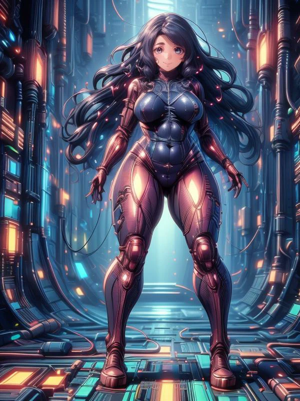 (anime), best quality, (masterpiece:1.4), (high quality:1.4), sharp focus, <lora:hyperdenoiser_v090:0.5>, <lora:hyperrefiner_v090:0.5>, <lora:add_detail:0.3>, 4k, absurd resolution, detailed hands, <lora:sd15_lora_beta:0.4>, <lora:ETO_OC:0.2> ETO-OC, <lora:ETO_OCC006:0.5>, ETO_OCC, (curly hair:1.3), (long hair:1.1), (black hair:1.5), thick eyebrows, pale skin, (plump:1.1), 1girl, (smiling:1.1), looking at viewer, mature female, smug, (seductive smile:1.4), (parted bangs:1.8), BREAK <lora:CircuitryTech-20:0.75> (((circuitrytech, scifi, cables, cmos circuitry, copper, armor, full body, neon lights, glowing))), (holding object), <lora:secret star glow style:0.3>, <lora:pearlescent-05:0.4> pearlescent <lora:pearl oyster-çç æ¯è´ç«å½©_v1.0:0.4> mother of pear