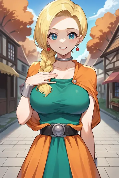 score_9, score_8_up, score_7_up, source_anime BREAK 1girl, solo,  <lora:dqbianca-pdxl-nvwls-v1:1> dqBianca, single braid, hair over shoulder, earrings, choker, orange cape, green dress, belt, (large breasts:0.9), happy, looking at viewer, village, autumn, waist up, hand on own chest