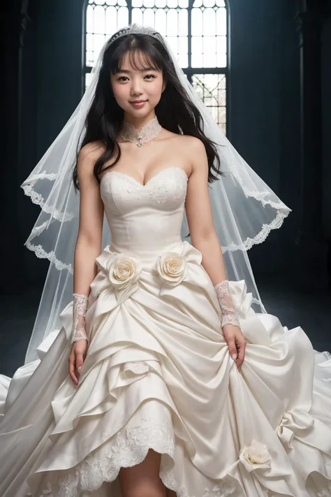 RAW photo, Instagram_Influencer_45_By_Stable_Yogi, white lace up wedding dress, veil, tiara, chapel, smiling, happy, excited, (high detailed skin:1.2), 8k uhd, dslr, soft lighting, high quality, film grain, Fujifilm X, style-bridal
