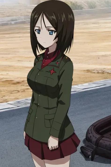 1girl,solo,  nonna \(girls und panzer\),
green jacket, red shirt, black skirt, pravda school uniform, black hair,  
outdoors, 
 <lora:girlsUndPanzer_10:1>