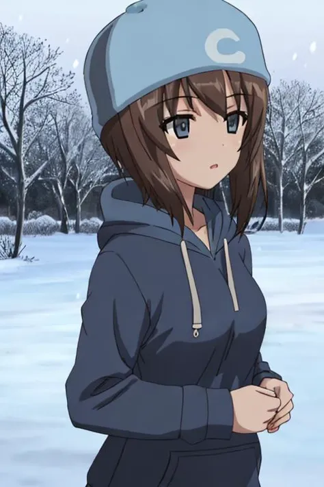 1girl,  <lora:girlsUndPanzer_10:1>   mika \(girls und panzer\), 
blue hoodie,  blue headwear,   snowing, outdoors,