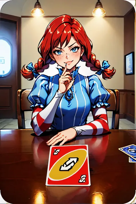 (masterpiece, best quality:1.2), solo, 1girl, ffwendys, smug, smirk, looking at viewer, mechanical arms, PlayingCards, IncrRvrsCard, holding, card, table, holding card, arrow \(symbol\), sitting, indoors, playing card, pov across table, twin braids, hair bow, striped dress, striped sleeves, puffy sleeves <lora:fastfood_wendys:0.8> <lora:PlayingCards:0.5> <lora:UnoReverseCard:1.1>