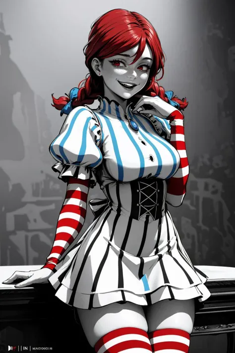 ((Masterpiece, best quality,edgQuality)),solo,1girl,edgGesugao,sadistic smile,grin, evil smile,edgGesugao facial expression <lora:edgGesugao:1>
ffwendys, red hair,twin braids, hair bow,striped dress, striped sleeves, puffy sleeves, striped thighhighs
<lora:fastfood_wendys:0.85>