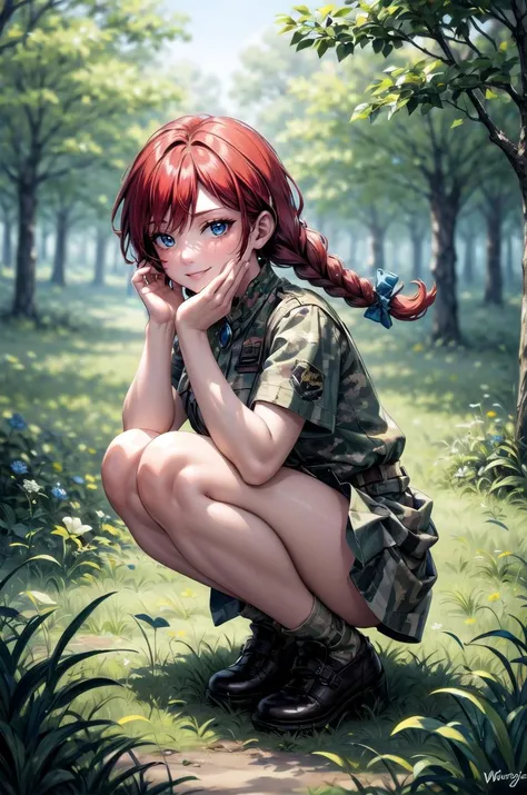 (masterpiece, best quality, detailed), 1girl, solo, looking at viewer,
<lora:fastfood_wendys:0.95>, ffwendys, twin braids, hair bow, <lora:camouflage_uniform04:0.5>, wearing camouflage_uniform, outdoors, forest, nature, grass, tree, flower, leaf, night, dark, squatting, evil smile