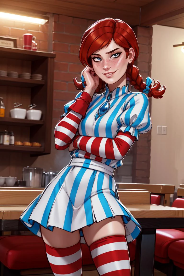 (masterpiece, best quality:1.2),intricate details, (solo:1.2) <lora:LilandavastyleV1:1>lilandavastyle, 1girl, Young adult female, ffwendys, crossed arms, standing, smug, smirk, looking at viewer, hand on own face, twin braids, hair bow, striped dress, striped sleeves, puffy sleeves, striped thighhighs, indoors, restaurant <lora:fastfood_wendys-10:1>