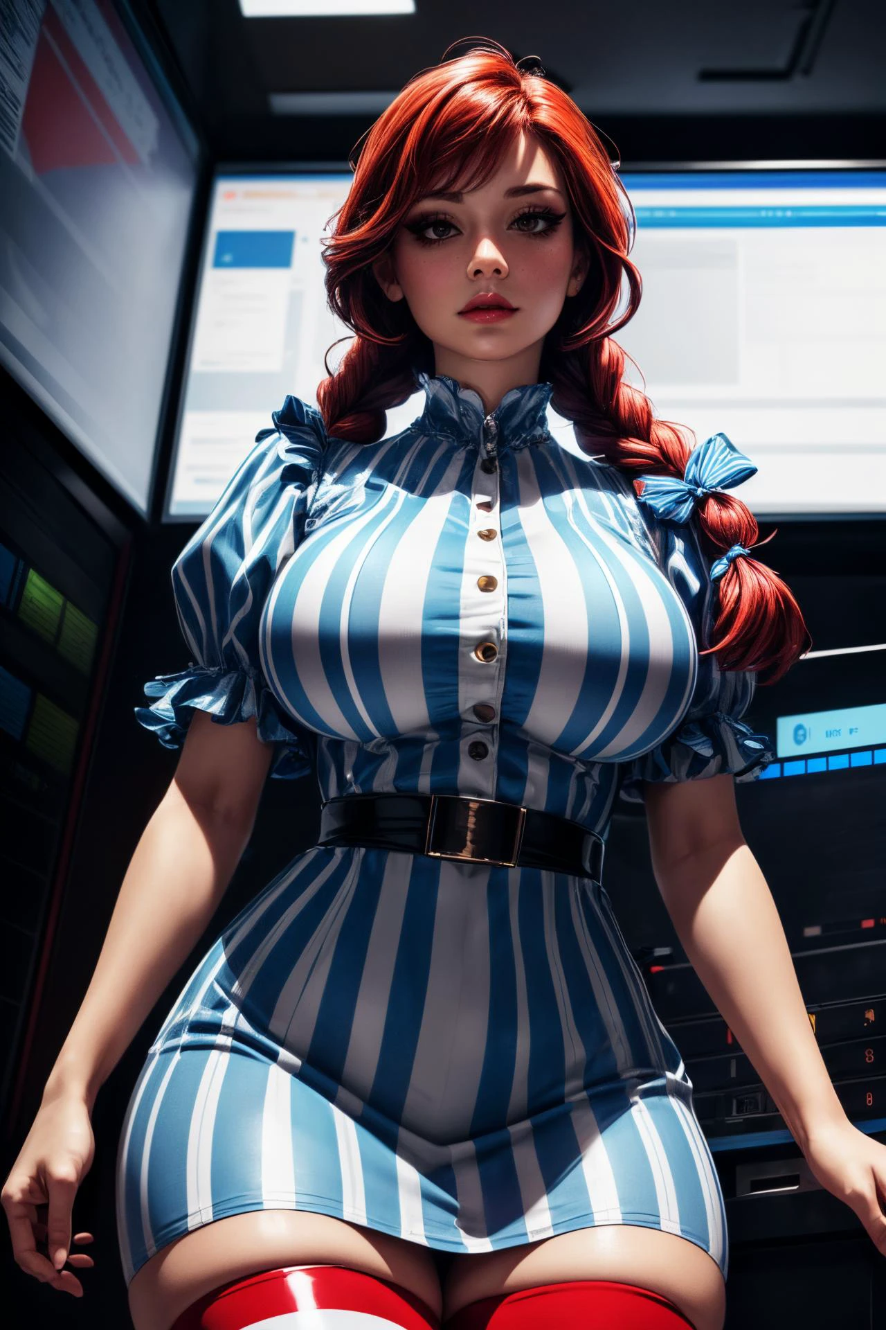 (ultra realistic,32k,RAW photo:1.1),(high detailed skin:1.1), 8k uhd, dslr, high quality, film grain, (makeup, mascara:1.1), lips,(thick\lips\),
(shiny glossy translucent clothing:1.1), <lora:fastfood_wendys:0.7>ffwendys, red hair, twin braids, hair bow, striped dress, striped sleeves, puffy sleeves, striped thighhighs, <lora:add_detail:0.99>, huge breast, upper body
(from below, looking at viewer:1.2)
(busty:1.1) , (chubby:0.1),(radiant:1.1), <lora:LowRA:0.4>, dark theme digital surveillance control center, ai-driven surveillance systems, facial recognition algorithms, data analysis
